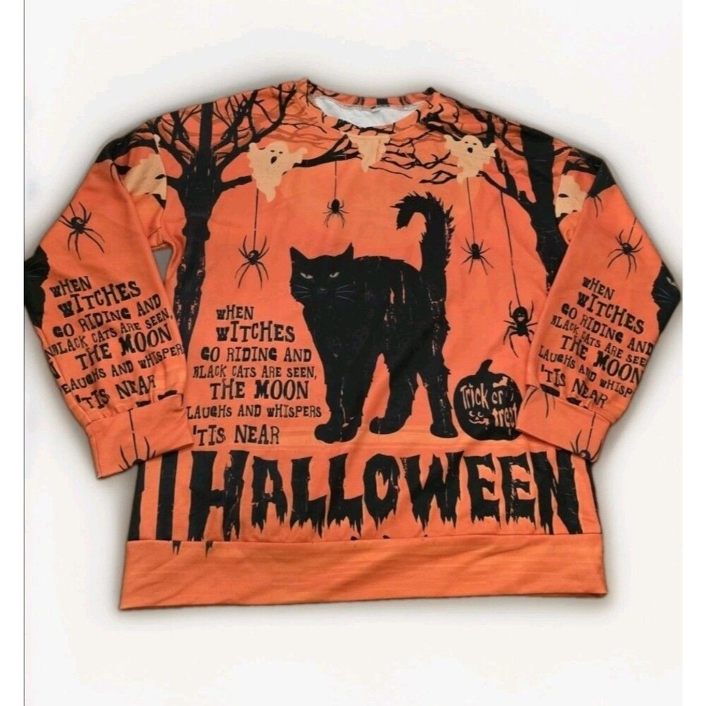 Halloween Black Cat Ghost Spider Sweatshirt Womens Medium M Orange NWOT NEW